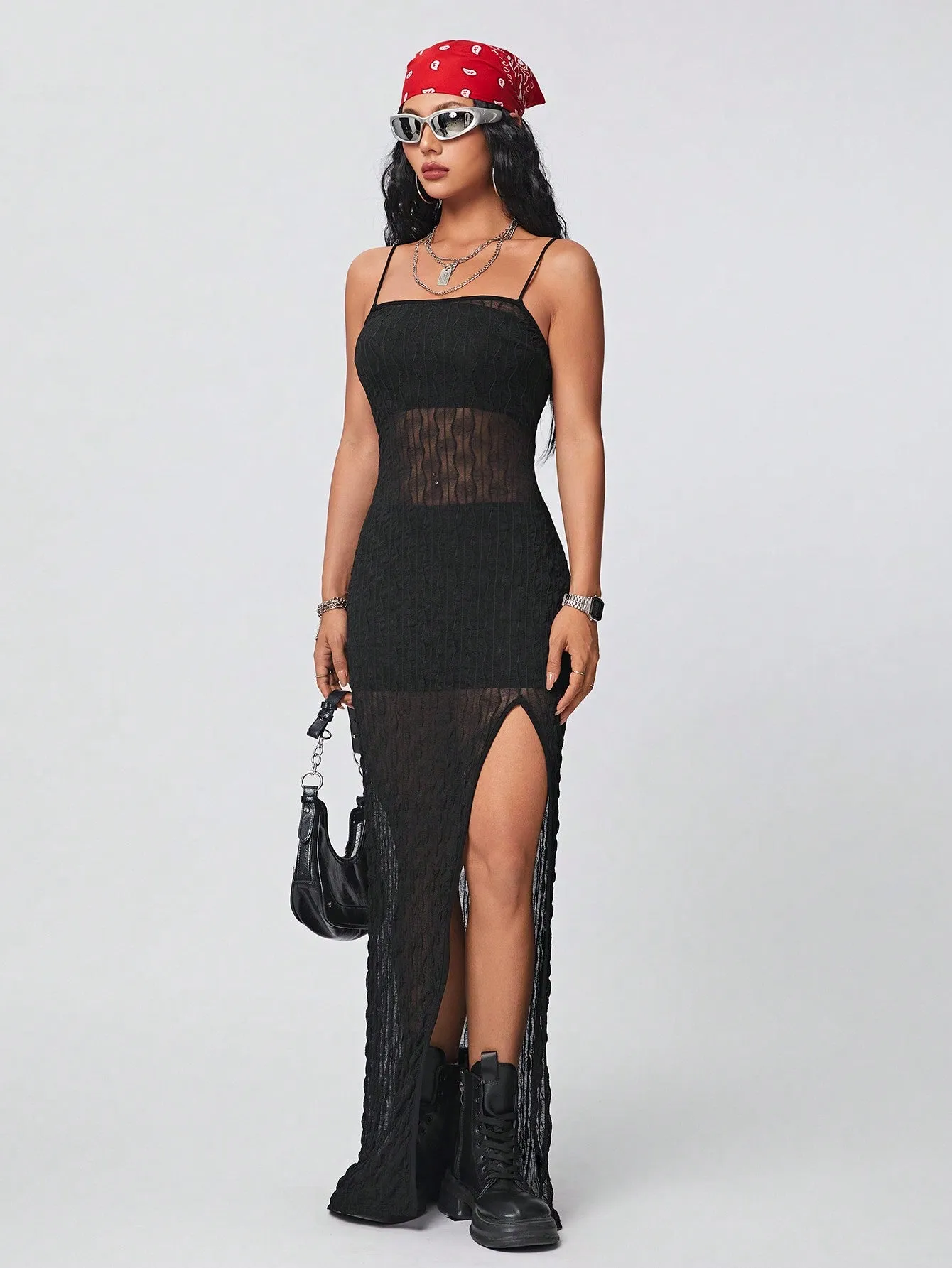 Coolane Women's Sheer Lace Halterneck Maxi Slip Dress With High Split For Spring And Summer Wear