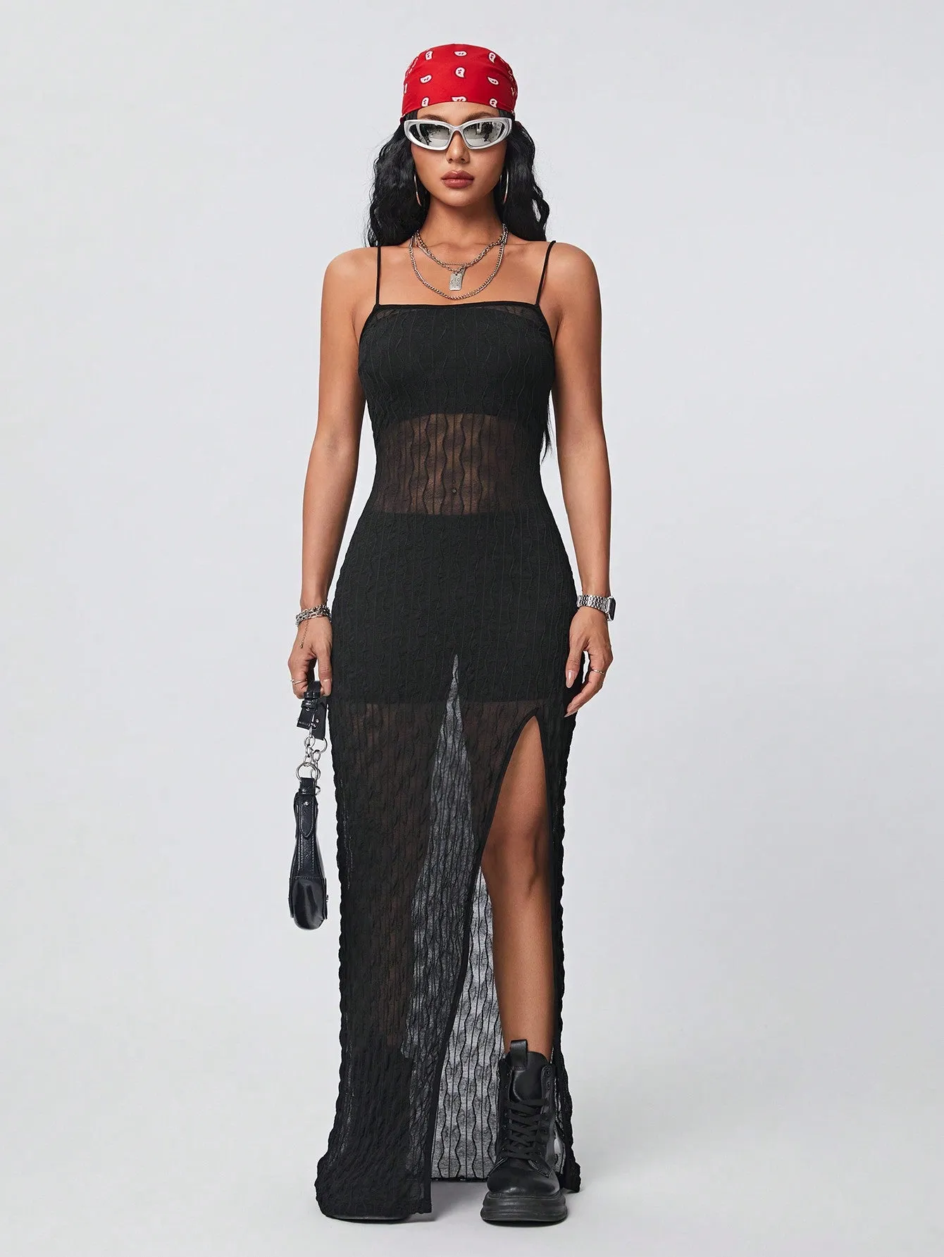 Coolane Women's Sheer Lace Halterneck Maxi Slip Dress With High Split For Spring And Summer Wear