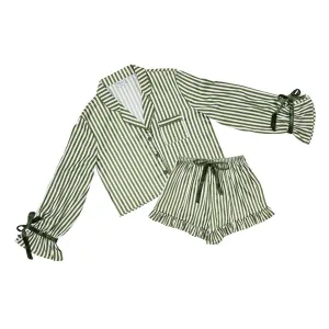 Cropped Green Stripe Pajama Set with Velvet Ties