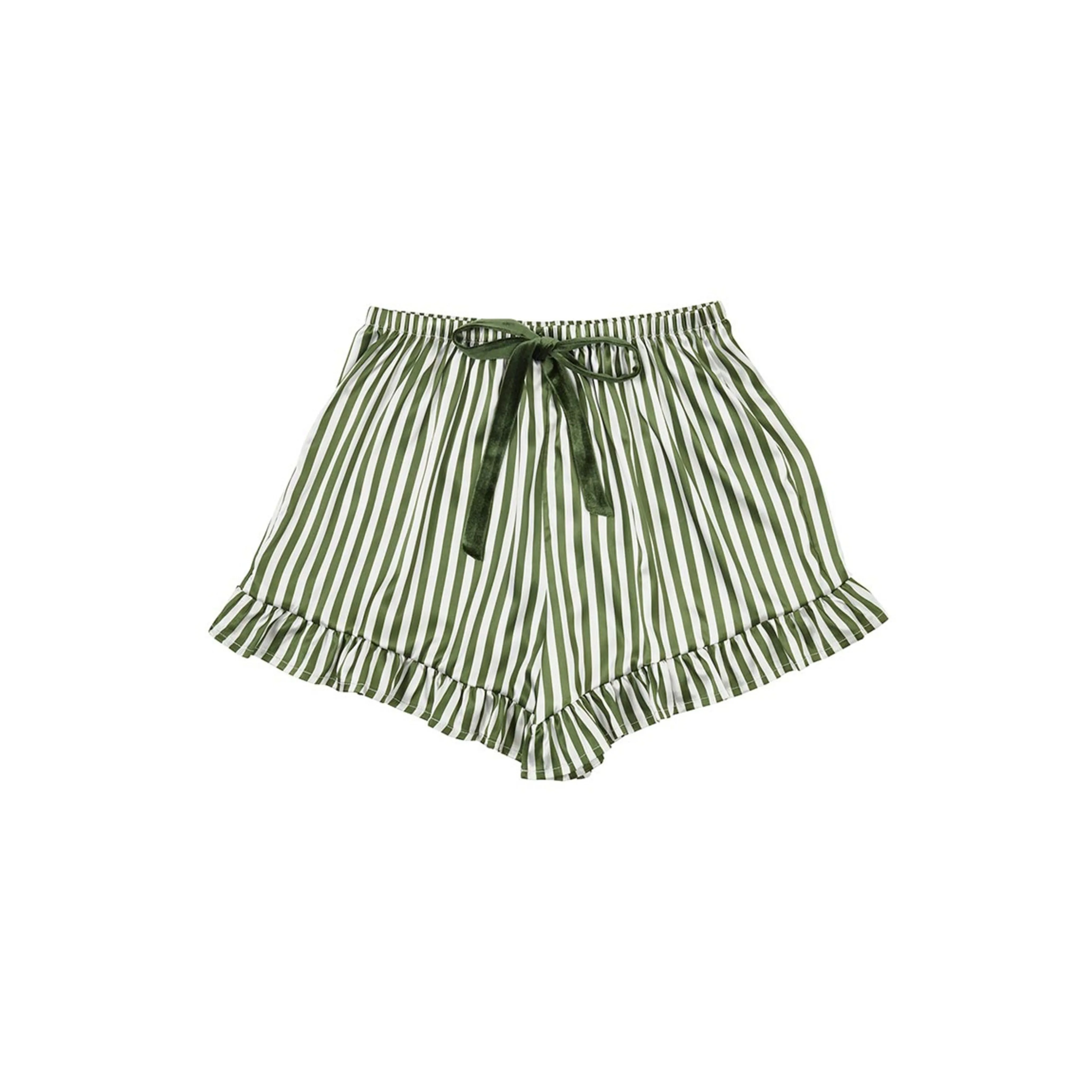 Cropped Green Stripe Pajama Set with Velvet Ties
