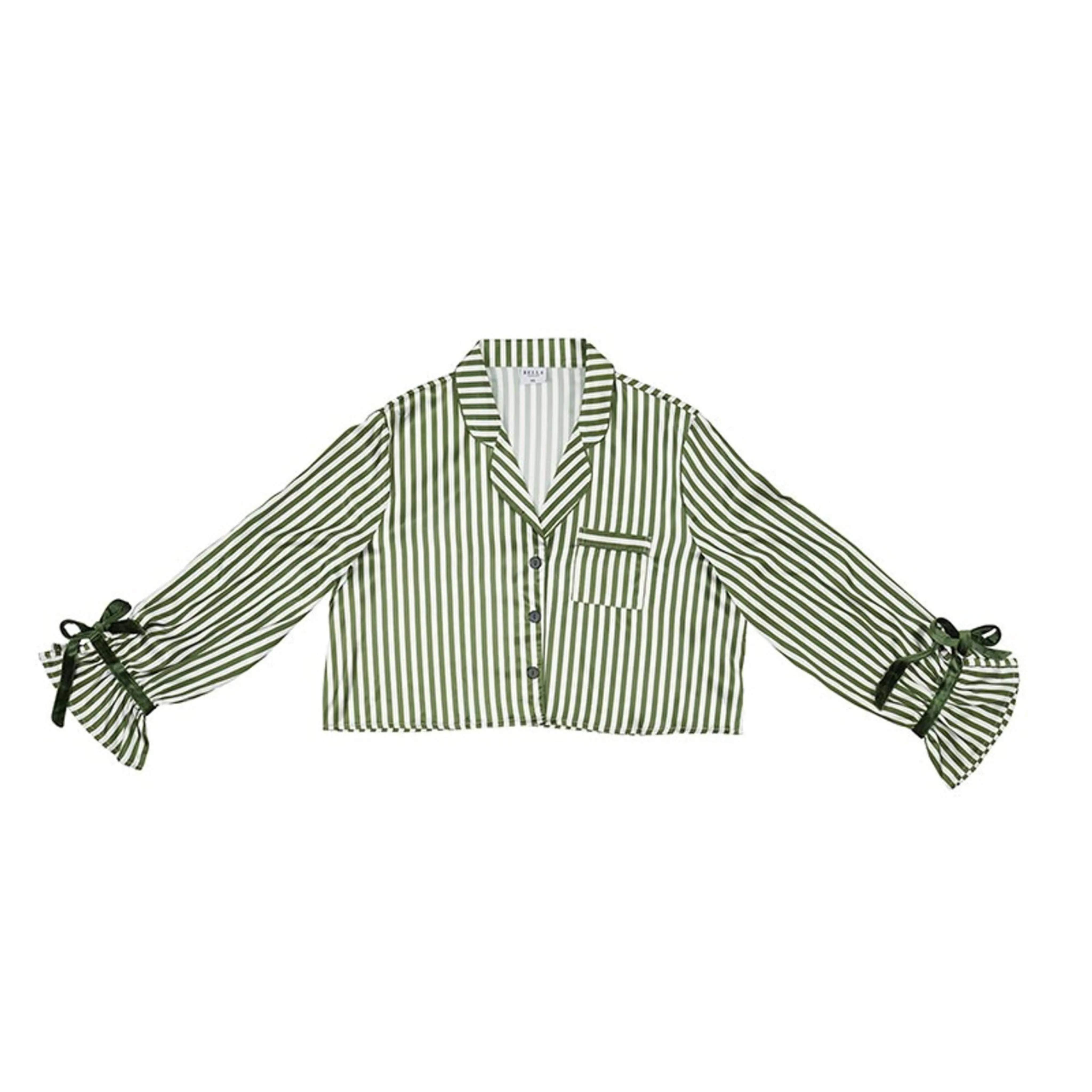 Cropped Green Stripe Pajama Set with Velvet Ties