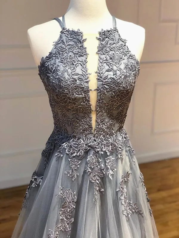 Dark Grey Halter Backless Tulle with Lace Party Dresses A-line Grey Formal Dresses prom Dresses shops