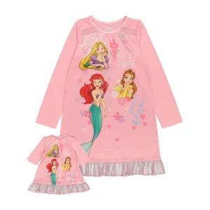 Disney Princess Girls Nightgown with Matching Doll Gown 2pc Pajama Set, Pink