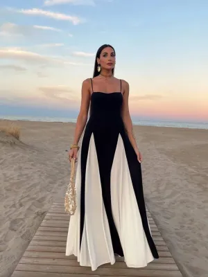 Elegant Black and White Backless Sling Maxi Dress for Women