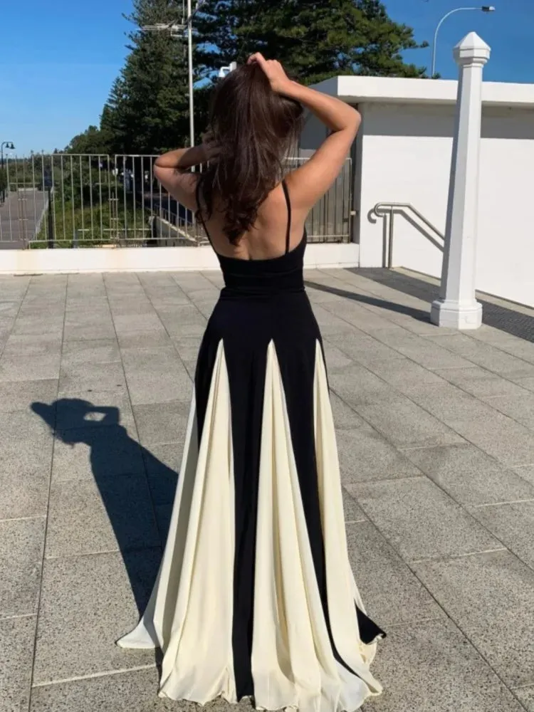 Elegant Black and White Backless Sling Maxi Dress for Women