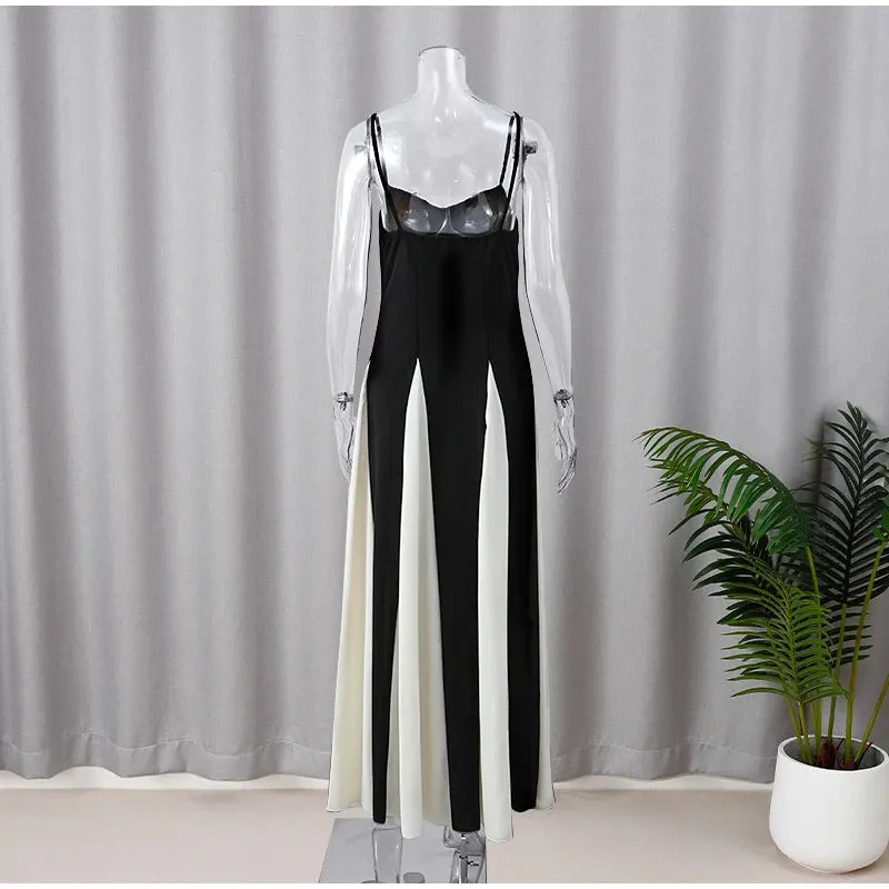 Elegant Black and White Backless Sling Maxi Dress for Women