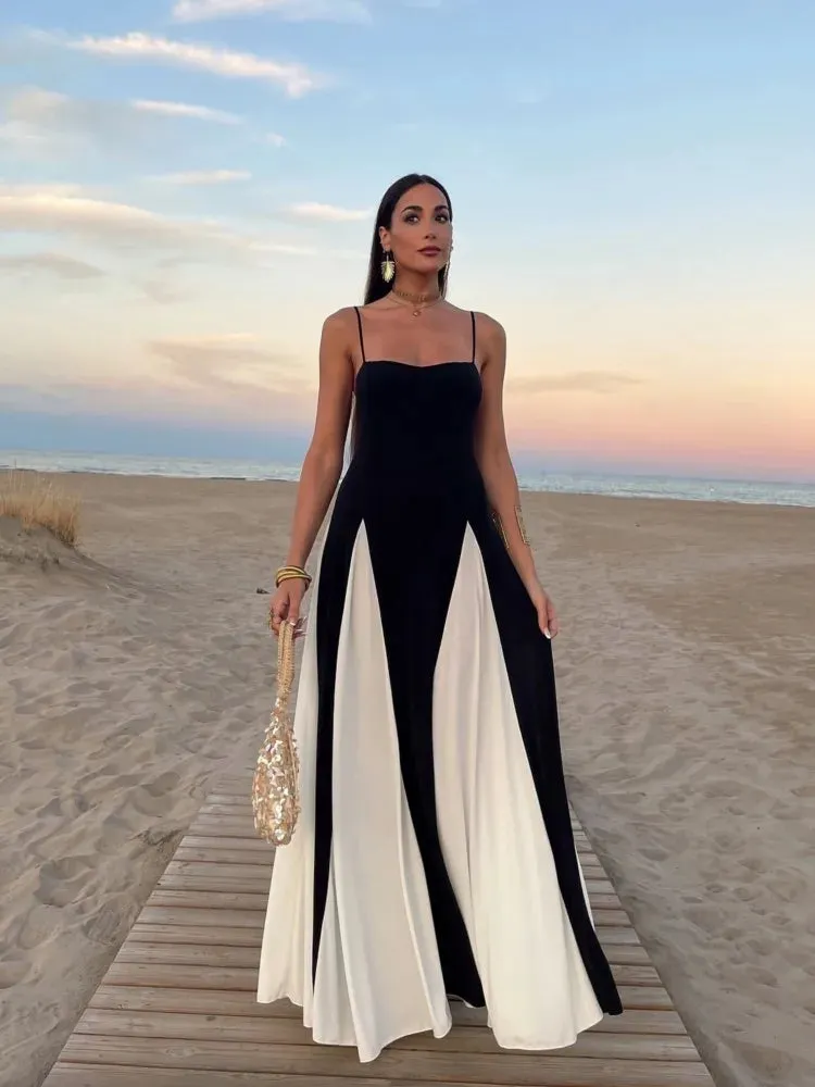Elegant Black and White Backless Sling Maxi Dress for Women