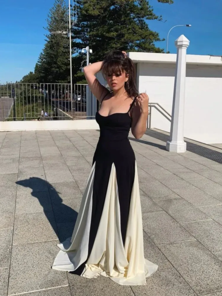 Elegant Black and White Backless Sling Maxi Dress for Women