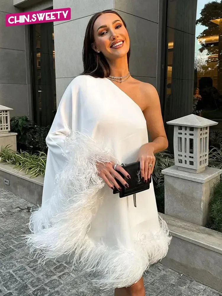Elegant One Shoulder Feather Spliced Mini Dress