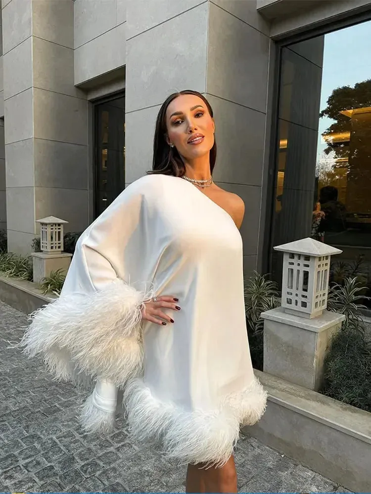 Elegant One Shoulder Feather Spliced Mini Dress