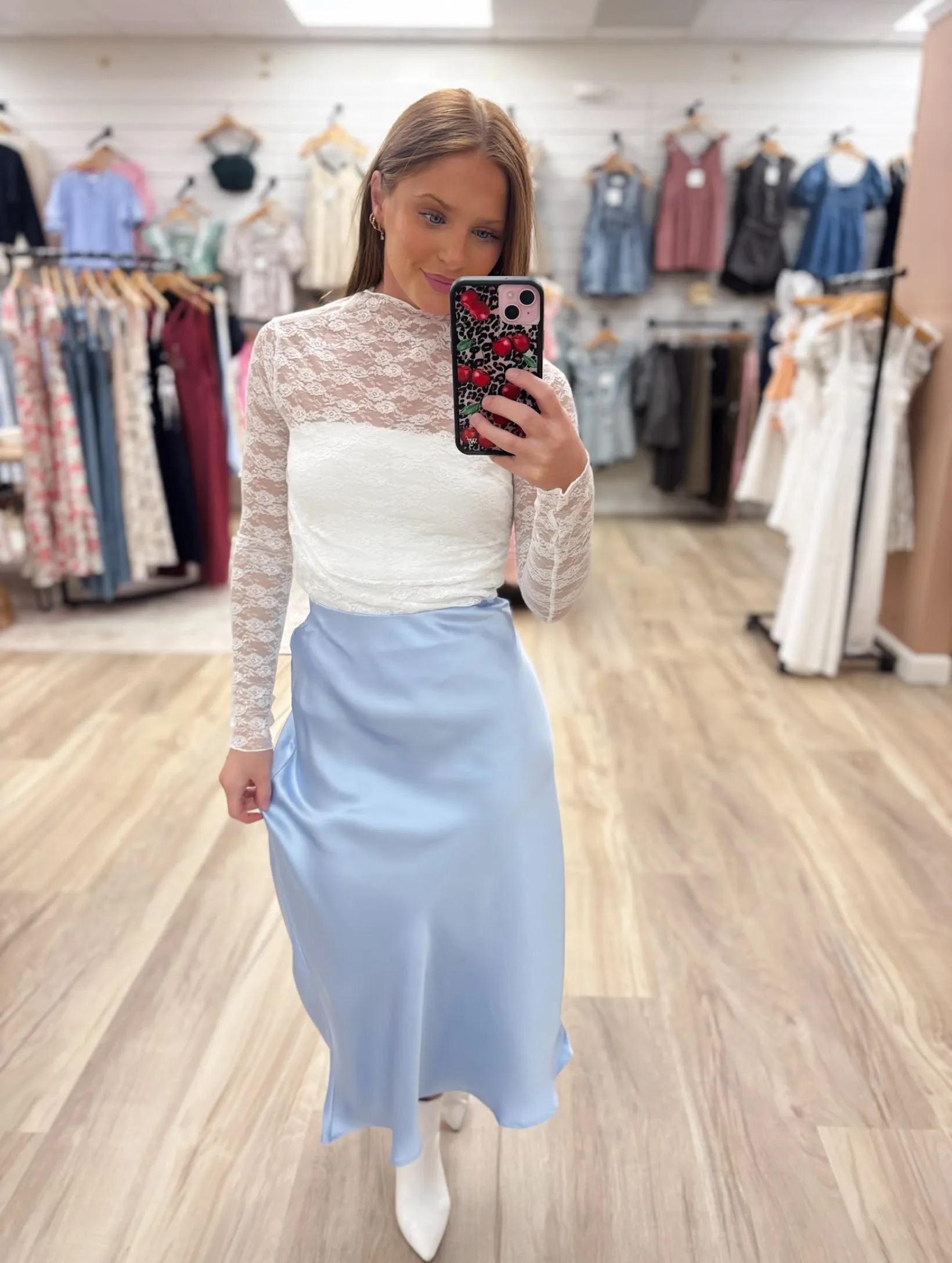 Ella Blue Satin Midi Skirt