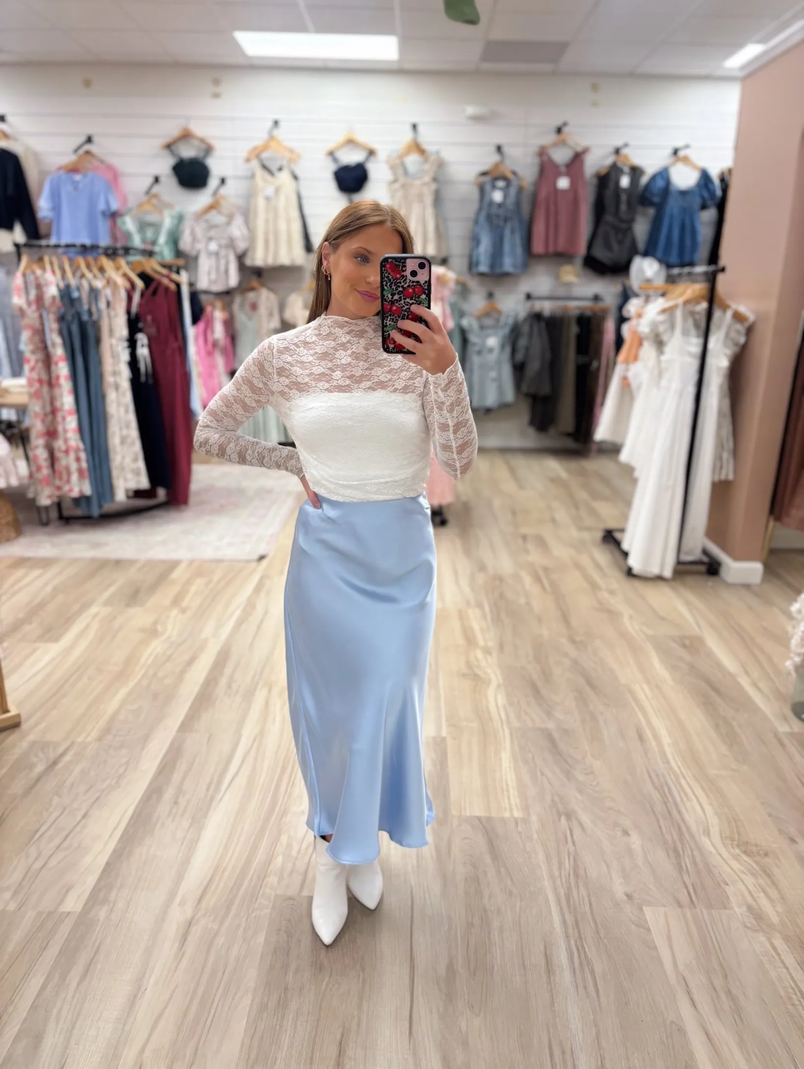 Ella Blue Satin Midi Skirt