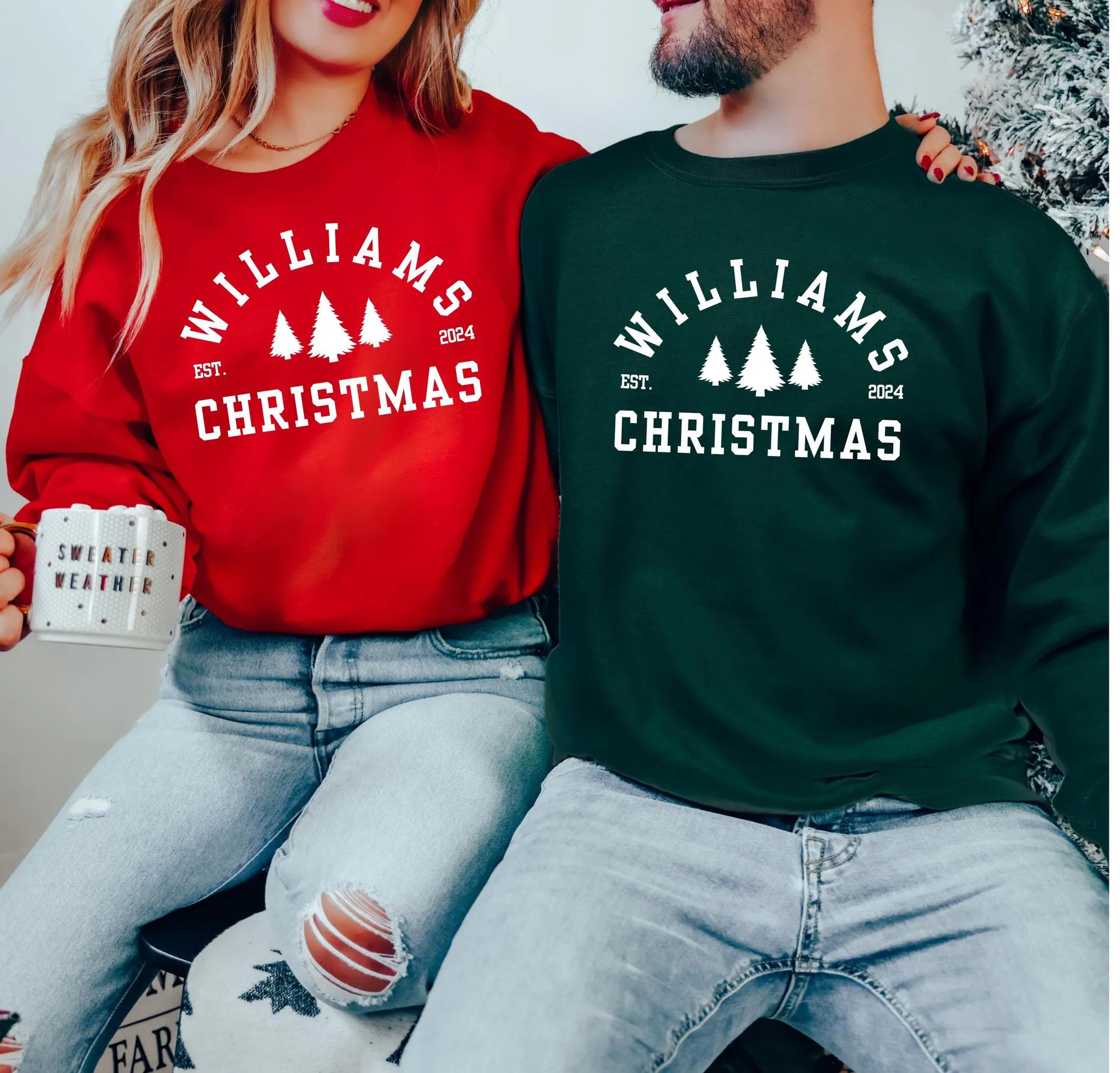 Embossed Custom Matching Newlywed Christmas Sweatshirts