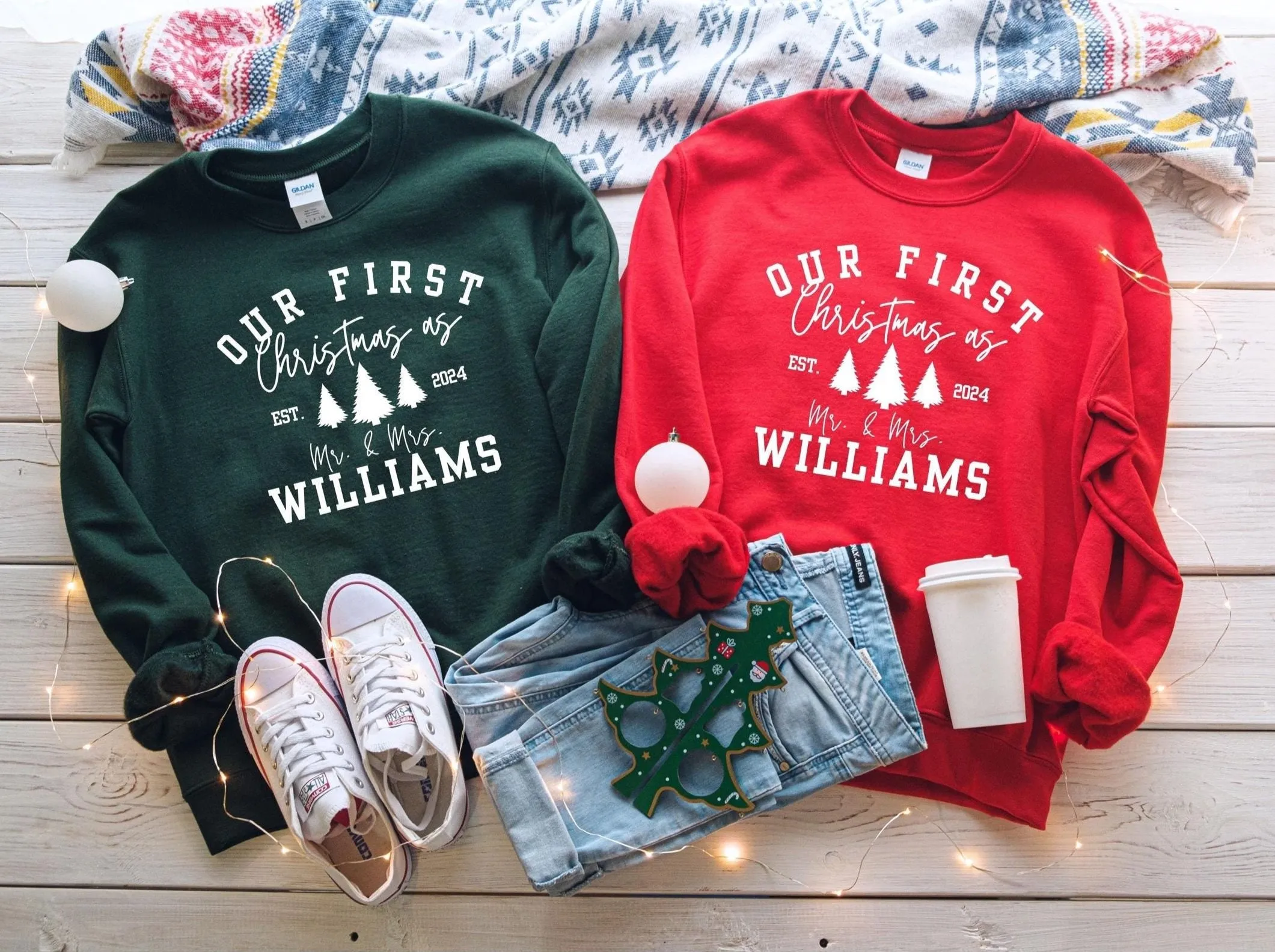 Embossed Our First Christmas as Mr and Mrs Matching Pajamas