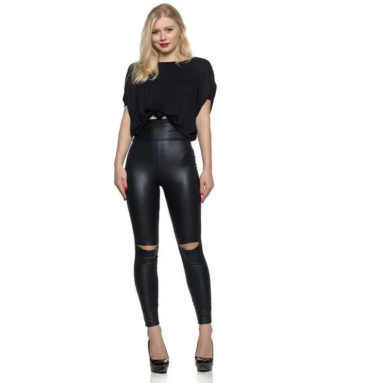 Faux Leather Split Knee Leggings