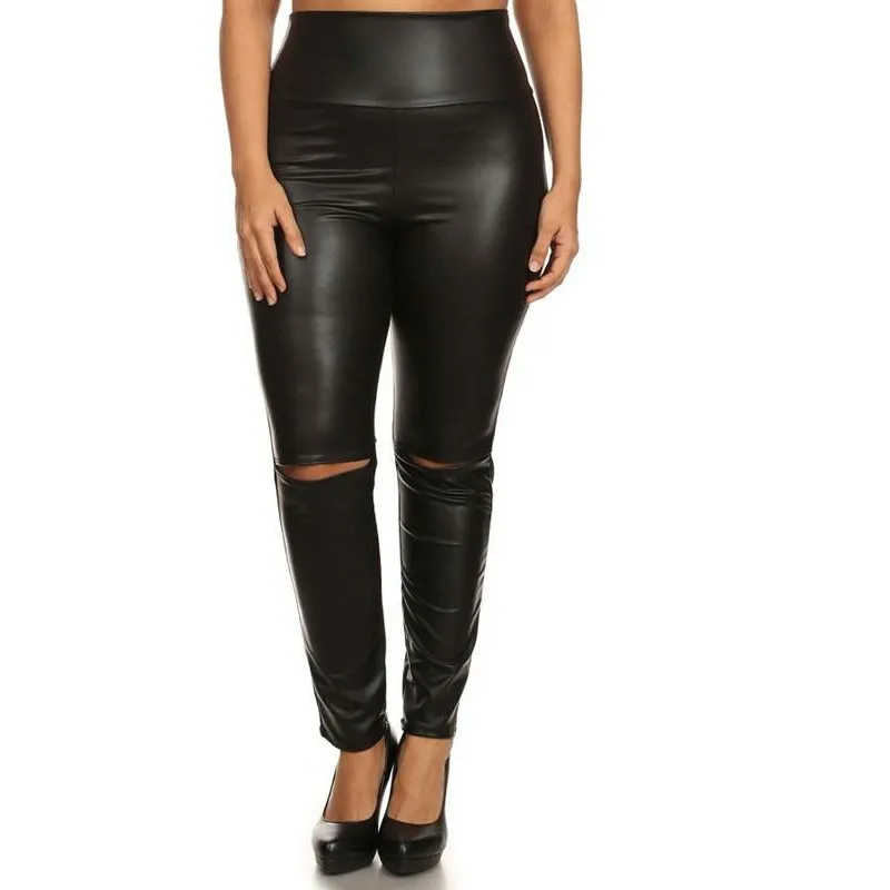 Faux Leather Split Knee Leggings