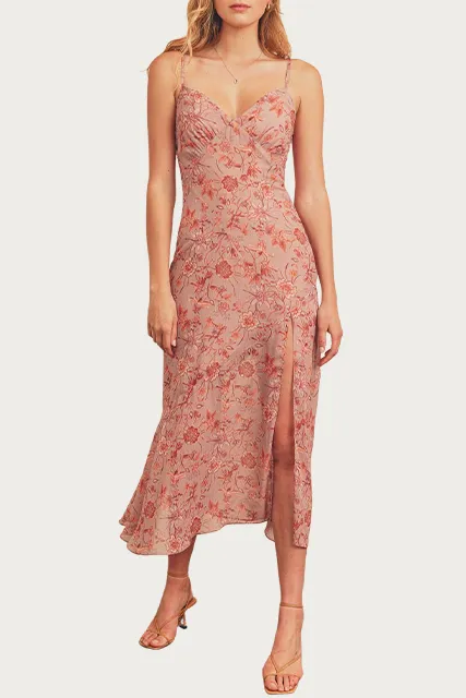 FLORAL-PRINT TIE-DETAILED MIDI SLIP DRESS