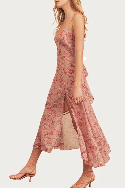 FLORAL-PRINT TIE-DETAILED MIDI SLIP DRESS