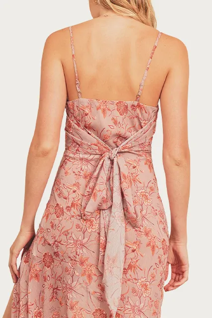 FLORAL-PRINT TIE-DETAILED MIDI SLIP DRESS