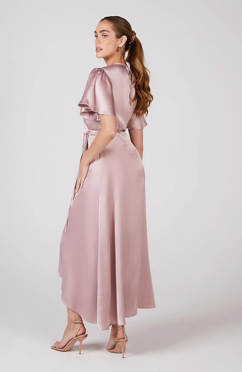 Florence Waterfall Dress in Rose Pink Satin