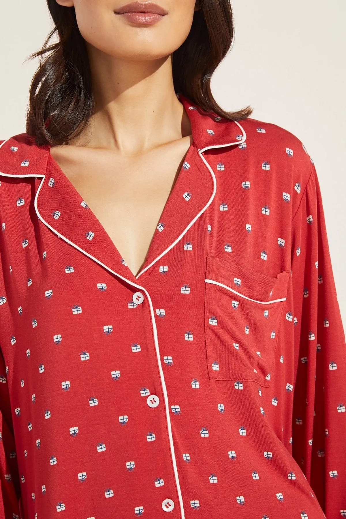 Gisele Printed Long PJ Set in Presents Haute Red/Bone