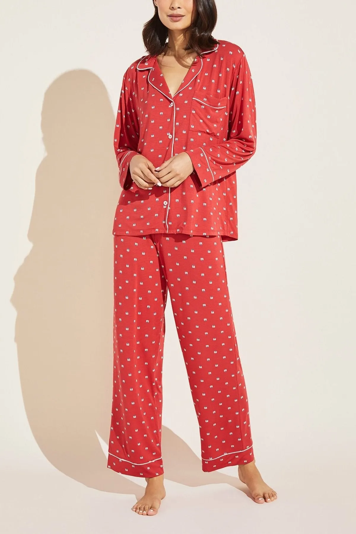 Gisele Printed Long PJ Set in Presents Haute Red/Bone