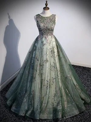 Green Tulle Sequins Backless Prom Dresses
