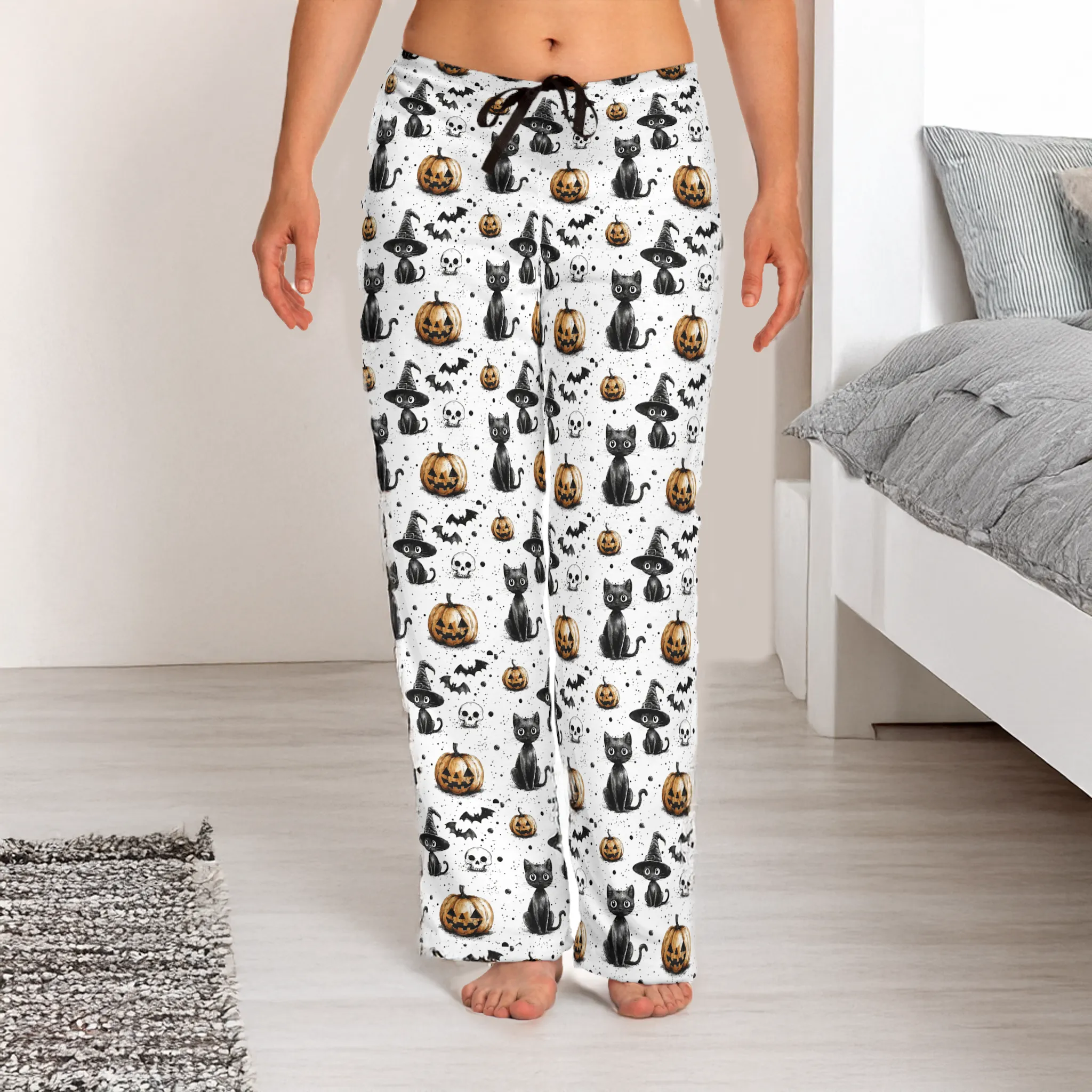 Halloween Women's Pajama Pants with Spooky Pumpkins and Cats