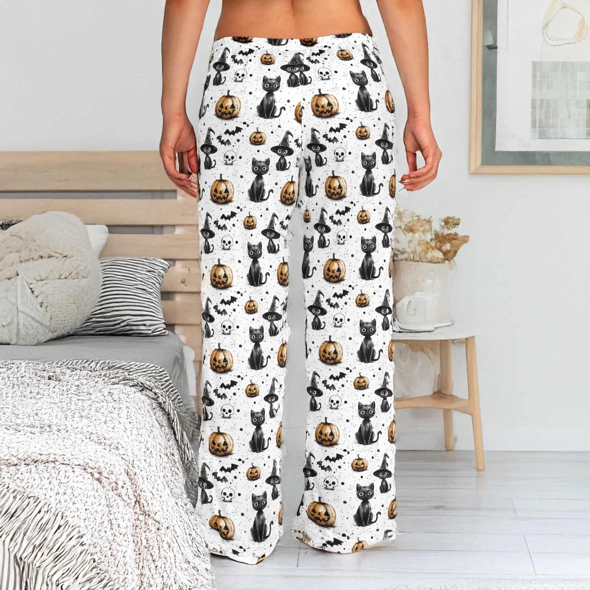 Halloween Women's Pajama Pants with Spooky Pumpkins and Cats