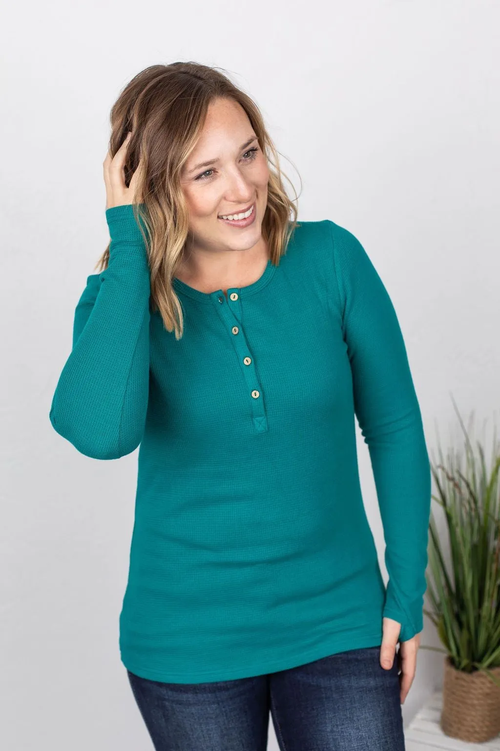 Harper Long-Sleeved Thermal Henley in Teal