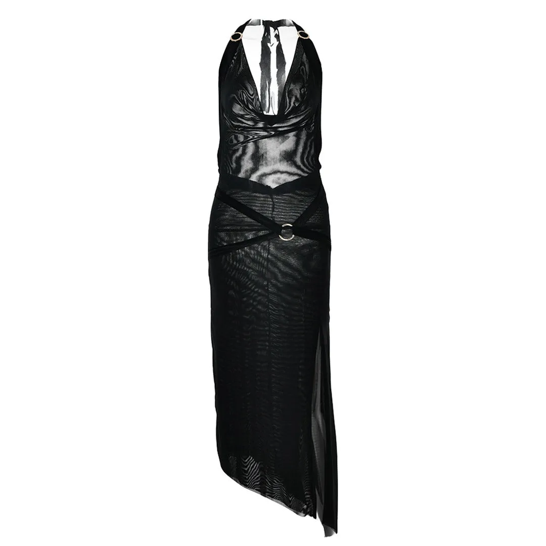 High Split O Ring Halter Cowl Neck Backless Midi Dress - Black