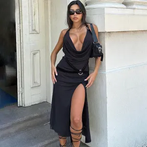 High Split O Ring Halter Cowl Neck Backless Midi Dress - Black