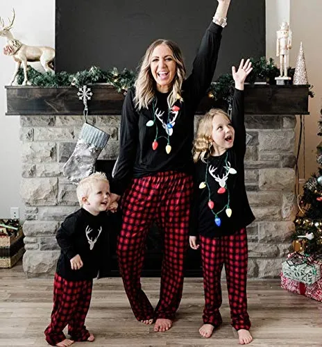 IFFEI Matching Family Pajamas Sets Christmas PJ's with Deer Long Sleeve Tee and Plaid Pants Loungewear One-piece: 3-6 Months