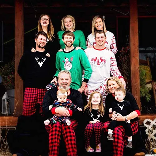 IFFEI Matching Family Pajamas Sets Christmas PJ's with Deer Long Sleeve Tee and Plaid Pants Loungewear One-piece: 3-6 Months