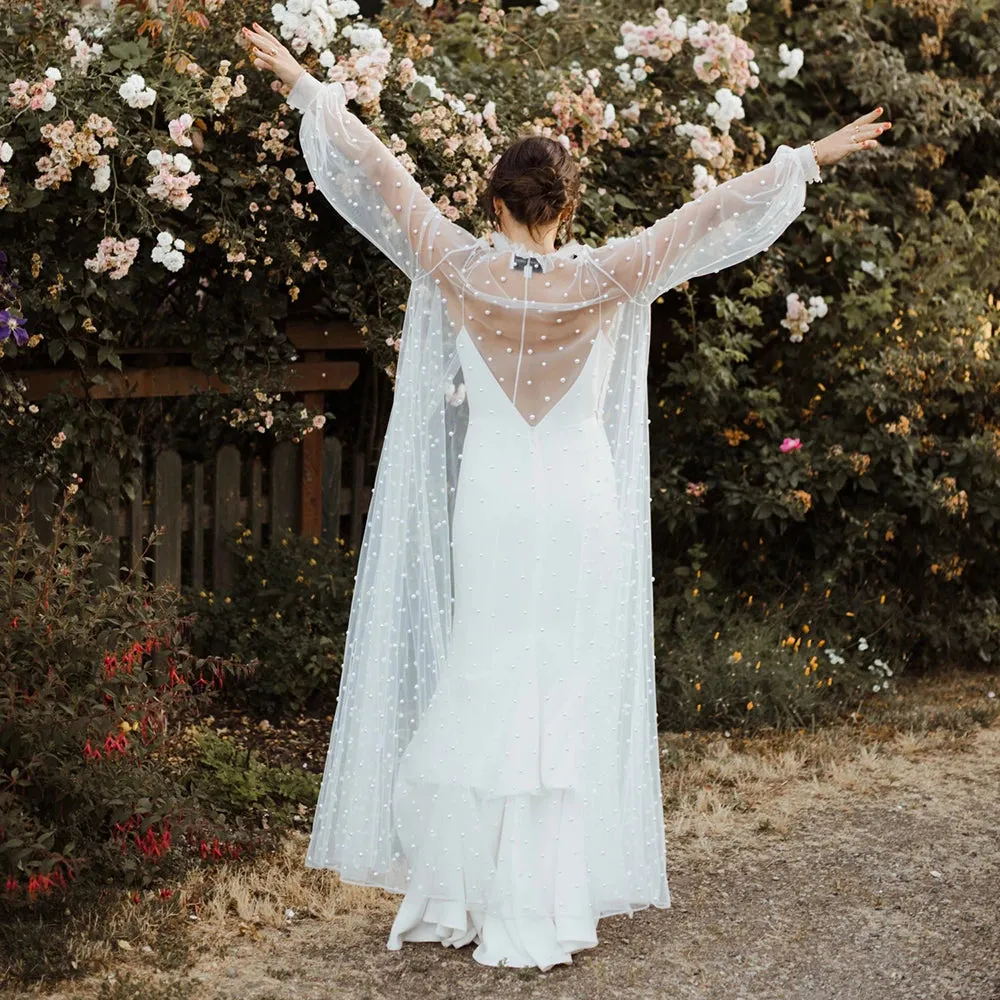 Illusion Tulle Pearl Long Puff Sleeves Bridal Gown Customized Ruffled High Neck Two Pieces Boho A Line Satin Slip Wedding Dress