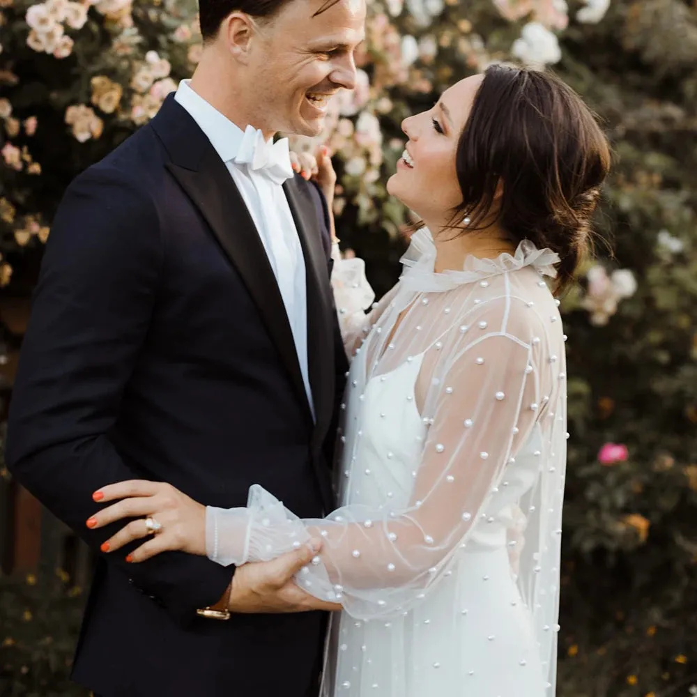 Illusion Tulle Pearl Long Puff Sleeves Bridal Gown Customized Ruffled High Neck Two Pieces Boho A Line Satin Slip Wedding Dress