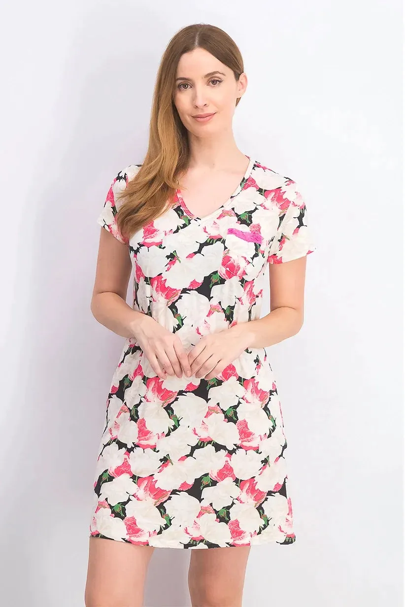 Joan Vass Egypt Women's Short Sleeve Night Gown With Chest Pocket Dress, Beige/Pink/Black