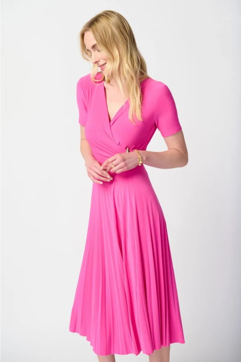 Joseph Ribkoff  Pleated Faux Wrap Short Sleeves Fit And Flare Dress 241013