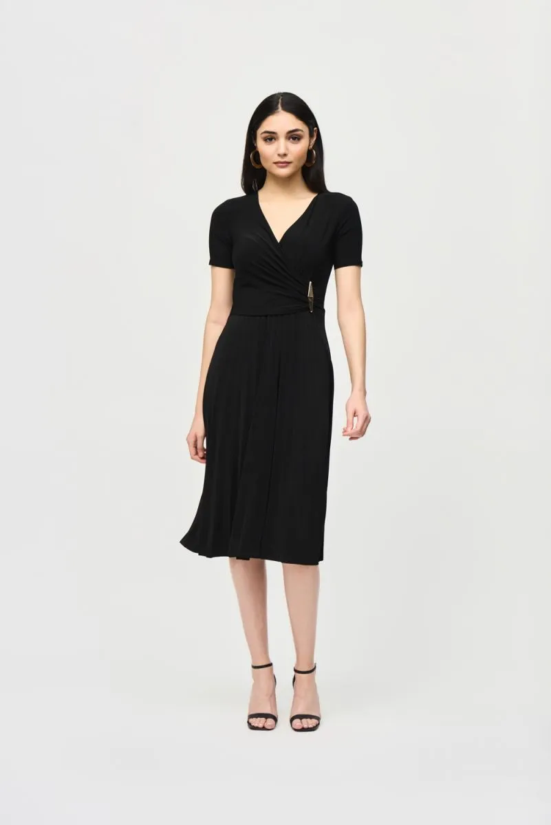 Joseph Ribkoff  Pleated Faux Wrap Short Sleeves Fit And Flare Dress 241013