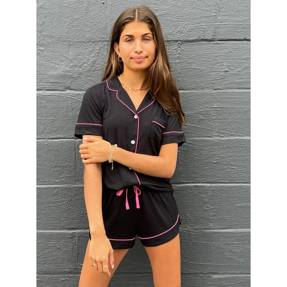 KATIE J NYC- JUNIOR LYNN SHORTS LOUNGE SET (BLACK/NEON PINK TRIM)