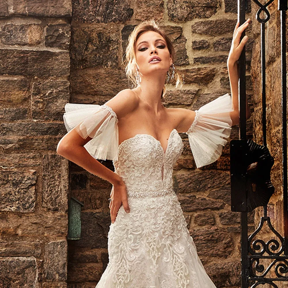 Lace Mermaid Wedding Gowns With Removable Short Sleeve