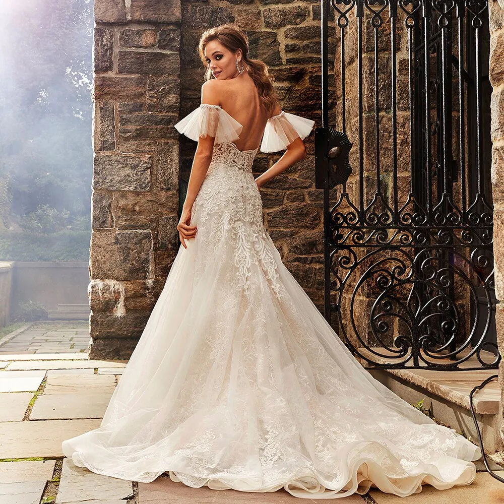 Lace Mermaid Wedding Gowns With Removable Short Sleeve