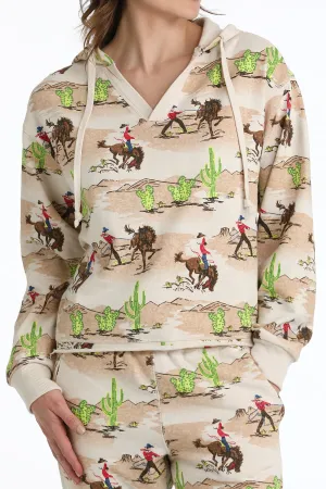 LADIES CREAM WESTERN PRINT FRENCH TERRY HOODIE