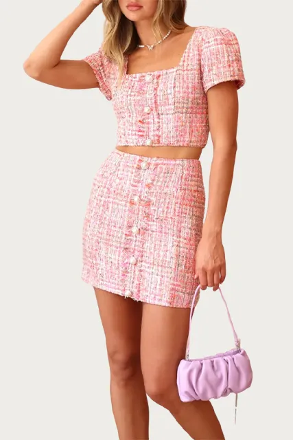 LAUREN BUTTON-EMBELLISHED TWEED MINI SKIRT