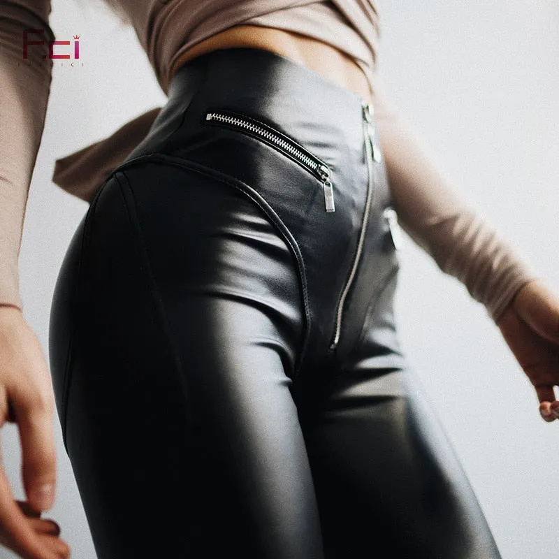 Leather Leggings with Front  Zipper High Waist