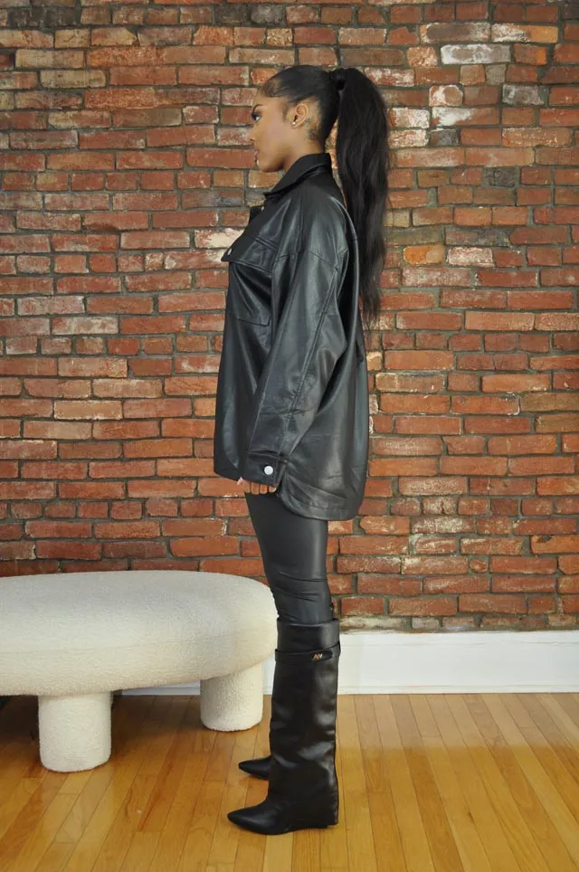 Leatherette Button Up Shirt- Black