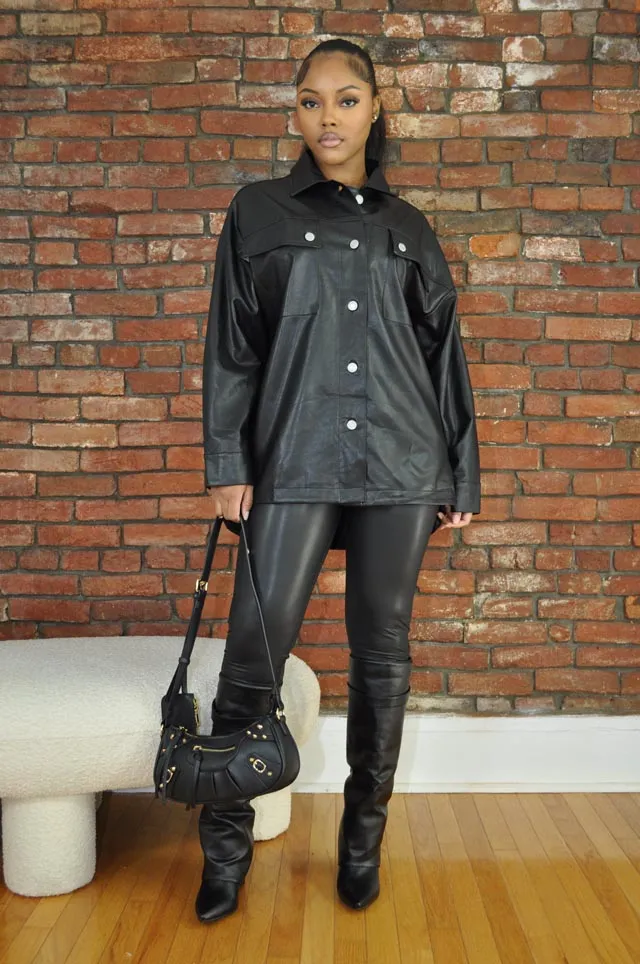 Leatherette Button Up Shirt- Black