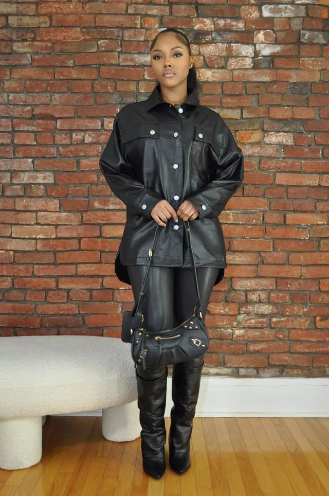 Leatherette Button Up Shirt- Black
