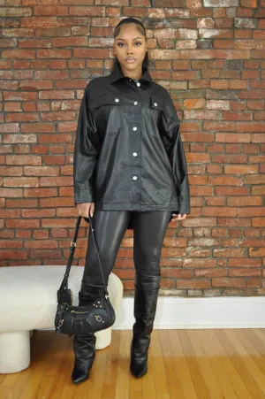 Leatherette Button Up Shirt- Black
