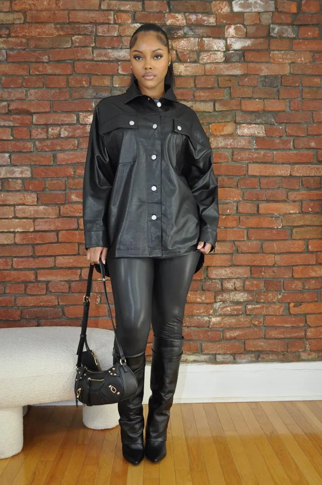 Leatherette Button Up Shirt- Black